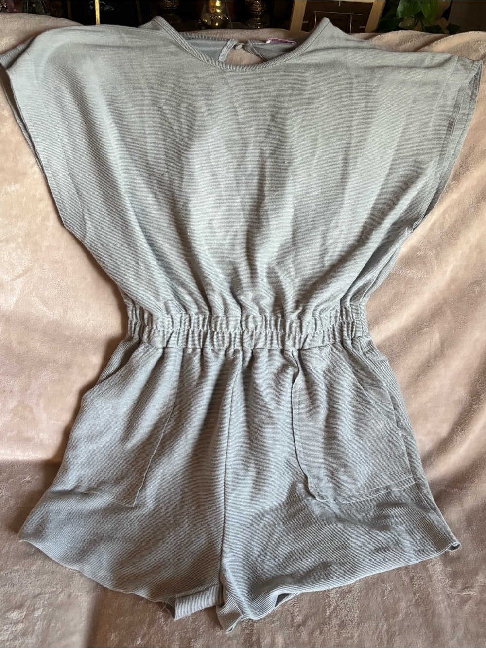 Casual Elastic-Waist Knit Romper in Light Blue Pockets Stretchy Comfy Women’s XL